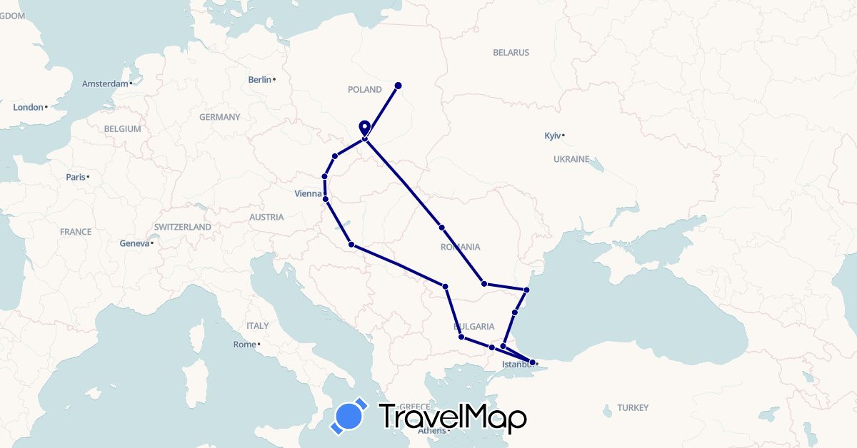 TravelMap itinerary: driving in Austria, Bulgaria, Czech Republic, Hungary, Poland, Romania, Turkey (Asia, Europe)